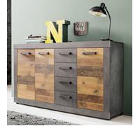 INDY - Meuble chambre. Commode avec 4 tiroirs en mélaminé coloris gris ciment portes bois effet vieilli. L - H - P : 151 - 86 - 37