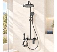 INEX EUROPA Colonne de Douche Mitigeur 4 en 1, Pomme de Tête Ronde Effet Pluie, Douchette à Main, Jet Concentré et Robinet Baignoire, Noir Gris Titane, Garantie 10 Ans