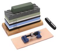 INF Kit d'aiguisage en corindon double granulométrie avec base en bambou, guide d'angle et sangle en cuir — 400/1000 & 3000/8000
