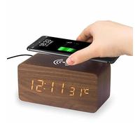 INF Recharge sans Fil en Bois réveil numérique Bureau Horloge LED pour Chambre Table de Chevet Bureau Couleur Marron foncé