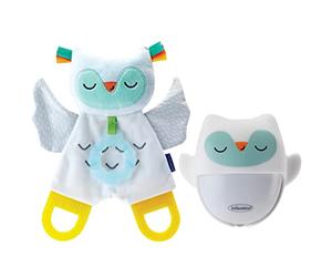 Infantino Coffret Doudou Lumineux et Veilleuse Murale Nomade Rechargeable Chouette, s'Alllume Automatiquement dans le Noir, 60 Heures d'Autonomie