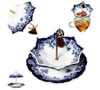 Infuseur à thé en céramique en forme de parapluie - Filtre à thé en porcelaine pour thé en vrac avec design rotatif à 360 °, trous fins, fait à la main, bleu et blanc, infuseur à thé pour la maison