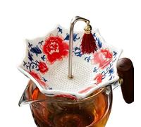 Infuseur de thé de pivoine blanche bleue en céramique avec des pores fins | Passoire à thé en céramique en forme de parapluie pour table à manger, cuisine, environnements de bureau, travail, dîner