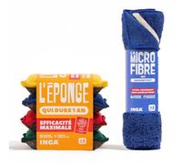 INGA - Pack 4 Éponges Réutilisables Lavables + 2 Microfibres Absorbe-Tout | Ultra-Efficace - Garantie 1 An - Vaisselle et Multi-Usages - Zéro Rayures - Lavage Machine - Fabriqué en Europe