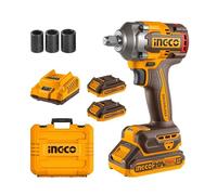 INGCO 20V hocs Sans Fil 400NM, Moteur Sans Balais, Boulonneuse à Choc Électrique Sans Fil 2300 tr/min, avec 3 Douilles à Chocs(17/19/21mm), 2 Batteries 2,0Ah et 1 Chargeur CIWLI2040