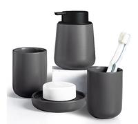 INGOFIN Lot de 4 accessoires de salle de bain en céramique pour la maison et l'hôtel comprenant un distributeur de savon, des tasses à brosse à dents, des gobelets et un porte-savon Gris