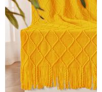 inhand Plaid tricoté à Franges, Chaud, léger, décoratif, Style Rustique, pour lit et canapé, Halloween, Automne, 127 x 152,4 cm, Jaune Moutarde