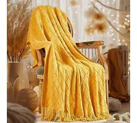 inhand Plaid tricoté à franges, chaud, léger, décoratif, style rustique, pour lit et canapé, Halloween, automne, 127 x 152,4 cm, jaune moutarde