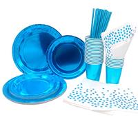 INHEMING 99 Pcs Vaisselle Jetable Anniversaire Bleu,Compris Assiettes en Carton Tasses Serviette Papier Paille, pour Enfants Party Fête Baby Shower (25 Invités)