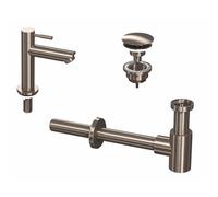 INK 1A Kit robinet lave-mains - robinet lave-mains sur pied - bas - toujours ouvert - bonde et siphon design - nickel brossé 9902405
