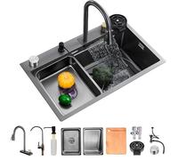 Inless Évier de cuisine en acier avec robinet cascade, planche à découper, panier d'égouttement et nettoyeur haute pression Noir/gris 68 x 45 cm