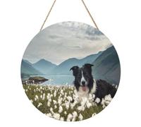 InOmak Chiens Border Collie, animaux de compagnie, prairie, Black Border, Tableau rond sur panneau de bois de 30 cm, à accrocher au mur pour la maison