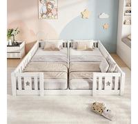 INONEFT Lit bébé 90/180x200, lit Montessori avec barrière et porte, lit en bois double, lit pour adolescents en bois massif, sans sommier, blanc