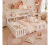 INONEFT Lit bébé au sol 90x200, lit Montessori avec barrière de sécurité et sommier à lattes, lit-cabane, lit à barreaux, lit en bois, lit pour jouer, sans matelas, blanc