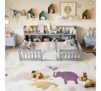 INONEFT Lit bébé, lit à châssis bas 90x200, lit Montessori avec barrière de sécurité et sommier à lattes, lit simple en bois, lit pour enfants, gris, sans matelas