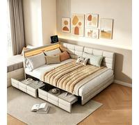 INONEFT, lit capitonné double, 140x190 cm, lit de jour avec LED et ports USB/C, lit plateforme en forme de L avec 2 tiroirs et sommier à lattes, tissu en lin, couleur beige