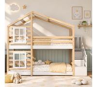 INONEFT : Lit en bois massif, 90 x 200 cm, lit superposé avec fenêtre et sommier à lattes, lit pour adolescents avec baldaquin et barrières de sécurité, lit pour enfants, couleur bois