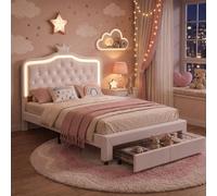 INONEFT Lit princesse 140x200 cm, lit pour enfant, lit capitonné avec LED, 2 tiroirs, lit pour fille avec repose-tête réglable en hauteur, lit double, en PU, blanc