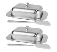 INOOMP Lot de 2 beurriers en inox avec couvercle et couteau, compatibles | Beurrier pour réfrigérateur, compatible avec les plaquettes de beurre standard ou européennes, rangement sur le plan de