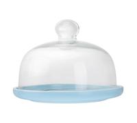 INOOMP Plateau à Dessert avec Couvercle Alimentaire en Verre Transparent Bleu en Céramique Pratique et Élégant pour Pâtisseries et Gâteaux Maison