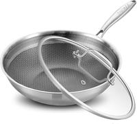 INQIBEE Wok 30 cm Inox 18/8,Couvercle,Triple Fond | Long Handle,Tous Feux Induction, Four, Lave-Vaisselle, Cuisson Homogène,Sans PFAS & PFOA,usage familial Entretien simple