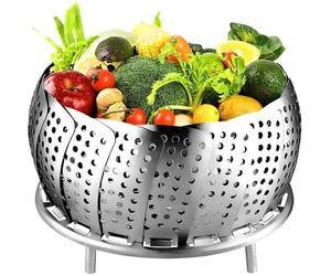 Insert à vapeur en acier inoxydable Unyqoos®, réglable – pour les casseroles de diamètre 15,2 à 25 cm. Le panier à vapeur pliable s'ouvre comme une fleur et peut être déplié à plat pour une cuisson à