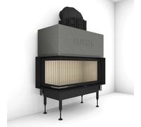 Insert bois Brunner BKH 5.0 d'angle 42-98-42 porte coulissante 11 kW Dôme en fonte ⌀ 200 mm et anneaux d'échangeur de chaleur en fonte, gauche avec cadre de finition