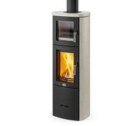 Insert bois Max Blank Turin BF Stone 5 kW Parties latérales et couvercle en pierre naturelle crème lisse, Raccordement du tuyau de fumée à l'arrière