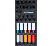 Insert pour chariot d'atelier 1/3 : jeu de clés à douille à choc / jeu de clés spéciales pour boulons de roue et jeu d'extracteurs de vis à profil hélicoïdal | 12,5 mm (1/2") | 33 pièces