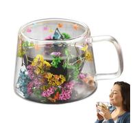 Insulated Double Wall Glass Mug with Handle | 250ml Clear Floral Pattern for Tea Bag Drink Latte Cappuccino Coffee