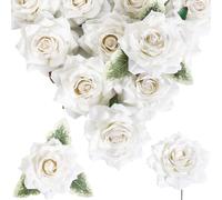 INSUNSIX Lot de 16 roses artificielles blanches avec paillettes avec tiges de 10,9 cm pour bouquet de mariage, maison, fête, jardin, centres de table, décorations (blanc)