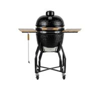 INTEC - Barbecue à charbon de bois Céramique Kamado Noir 2 zones de cuisson Grill & Fumoir Ø56cm - Barbecue mobile + 2 tablettes