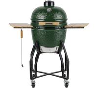 INTEC - Barbecue à charbon de bois Kamado Céramique Vert - 2 zones de cuisson Grill & Fumoir Ø56cm - Barbecue mobile + 2 tablettes