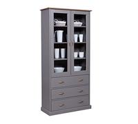 Inter Link - Armoire Vitrine et Buffet - Vaisselle - Salle à Manger - Style Campagnard - Bois Massif FSC - 2 Portes - 3 Tiroirs - Luzerna 10 - Gris