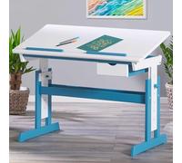 Inter Link - Bureau réglable en hauteur - Bureau pour enfants, élèves - Pupitre inclinable - Support pour livres - Bois massif laqué blanc - Applications en bleu canard - Bleu canard / Blanc