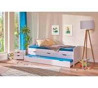 Inter Link lit fonctionnel rangement tiroirs sommier bois massif 90x200cm | Lit fonctionnel avec rangement et tiroirs 2 couchages 90 x 200 cm en pin massif, sommier à lattes laqué blanc 90x200cm Ulli