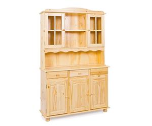 Inter Link - Vaisselier en pin massif - Bahut - Buffet haut - Vaisselier avec vitrines - Grande capacité de rangements - Rustique - 3 portes - Toscana - Vernis naturel