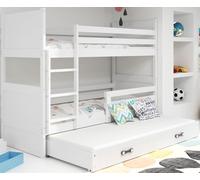 Interbeds Lit superposé 3places Rico Bois Massif, Pin, Barrière de sécurité, 3xSommier, Tiroir, Enfant, Séparable en 2 lit, 3 Personnes, sans Matelas (Blanc, 90x190)