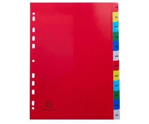 Intercalaires imprimés mensuels PP couleurs Janv-Décembre - A4 - Couleurs assorties