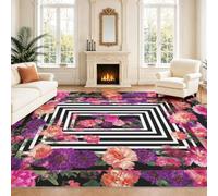 Intérieur Tapis 140 x 200 cm De Salon, Audacieux Géométrique Noir Blanc Rose Violet Fleurs Motif Soft Antidérapant Doux Flanelle Tapis De Sol pour Chambre, Décoration De Maison