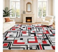 Intérieur Tapis 140 x 200 cm De Salon, Moderne Abstrait Blanc Noir Rouge Gris Carrés Géométrique Soft Antidérapant Doux Flanelle Tapis De Sol pour Chambre, Décoration De Maison