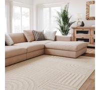Interiyou Tapis Salon à Poils Courts Lecce - 300x400 Crème - Intérieur pour Chambre, Bureau, Couloir - Motif bohème scandinave avec Effet 3D - Design géométrique Plat
