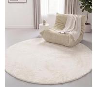 Interiyou Tapis Salon Fargo à Poils Ras - 160x160 Rond Crème - Fausse Fourrure Douce - Lavable et antidérapant - Texture Moelleuse - pour Chambre, Bureau, Couloir