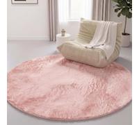 Interiyou Tapis Salon Fargo à Poils Ras - 160x160 Rond Rose - Fausse Fourrure Douce - Lavable et antidérapant - Texture Moelleuse - pour Chambre, Bureau, Couloir