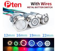 Interrupteur à bouton-poussoir métallique étanche avec fil, 12, 16, 19, 22 mm, avec anneau LED/lumière d'alimentation, momentané ou à enclenchement, 5/12/24/220V, argent, 1NO1NC Red circle Power