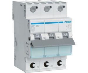 Interrupteur Hager LS 3 pôles 6 kA caractéristique B 10 A 3 modules Hager MBS310, 1 pièce.