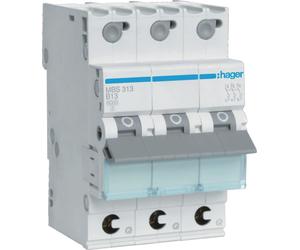 Interrupteur Hager LS 3 pôles 6 kA caractéristique B 13 A 3 modules Hager MBS313, 1 pièce.