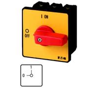 Interrupteur marche/arrêt Eaton, P3, 100 A, encastrable, 3 pôles, fonction d'arrêt d'urgence, avec manette rouge et plaque frontale jaune 007189