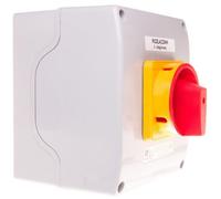 Interrupteur rotatif 0-1, 3 pôles, 100A, dans un boîtier OB18 avec façade avant verrouillable, jaune/rouge, référence SK100-2.8211OB18ZC