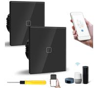 Interrupteur tactile intelligent, lot de 2, simple, noir, en verre, compatible WiFi